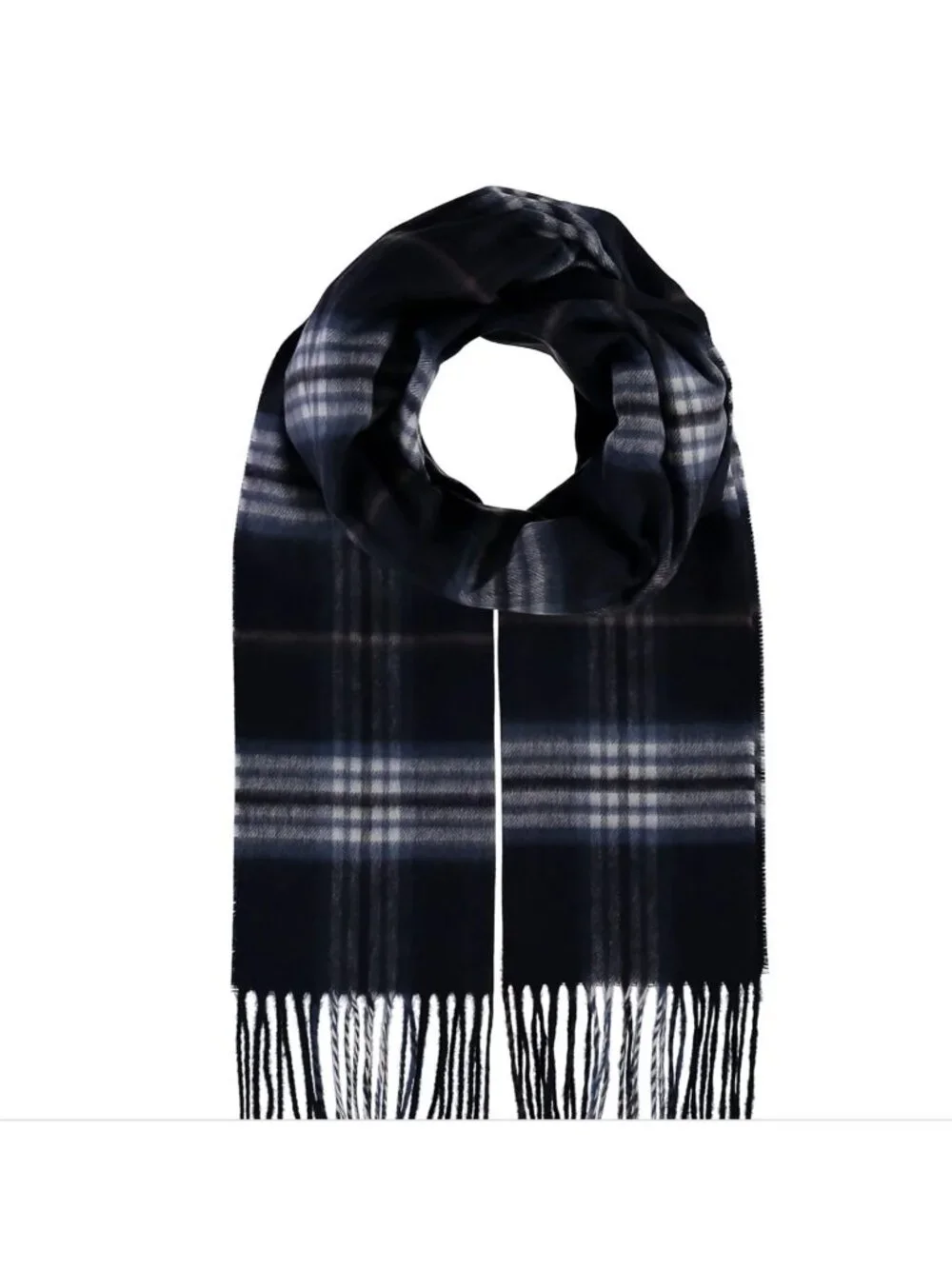V. Fraas Cashmink Men's Classic Plaid Scarf Navy Super Soft Fringe Germany 80X12